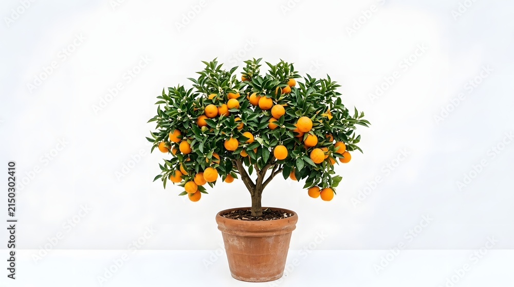 Naklejka premium Potted citrus tree with ripe orange fruit in terracotta pot
