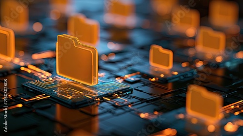 Glowing digital folders on a futuristic circuit board create a data network