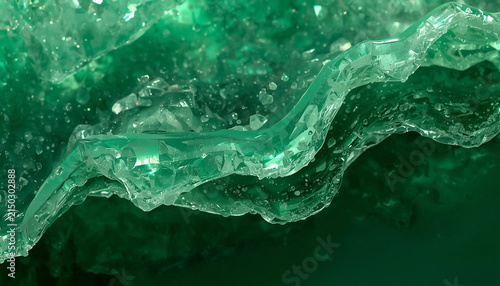 Stunning Macro Close Up of Flowing Emerald Green Crystal Formation Resembling Translucent Wave with Sparkling Fragments on Dark Green Background, Luxury Gemology Mineral Photography
