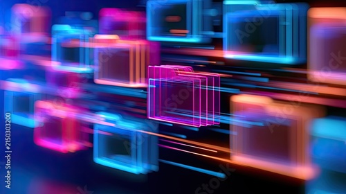 Abstract digital folders with glowing neon outlines, data streams