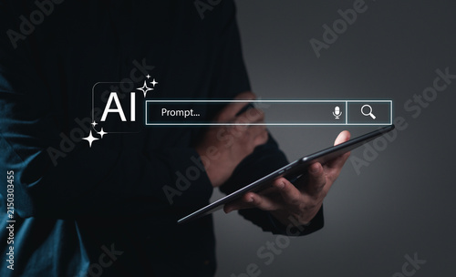 Business professionals use smartphones with cutting-edge AI-powered search bar interfaces, chatbot queries, and AI-enabled notification interactions Digital assistant technology