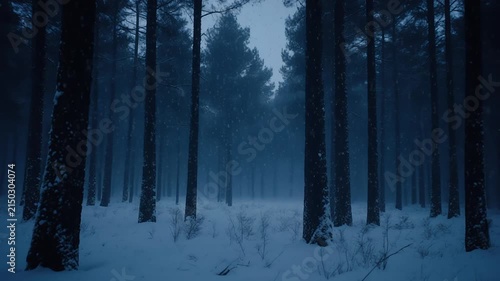 Snow falling in a dark pine forest at night