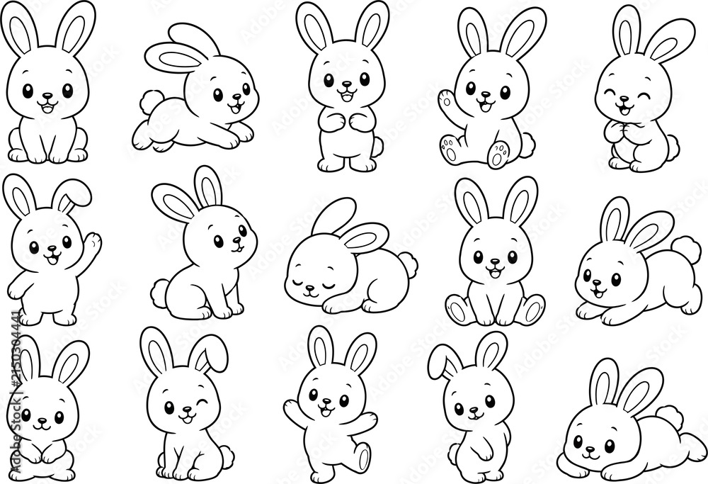 Obraz premium Collection of adorable bunny illustrations in various poses isolated on transparent background