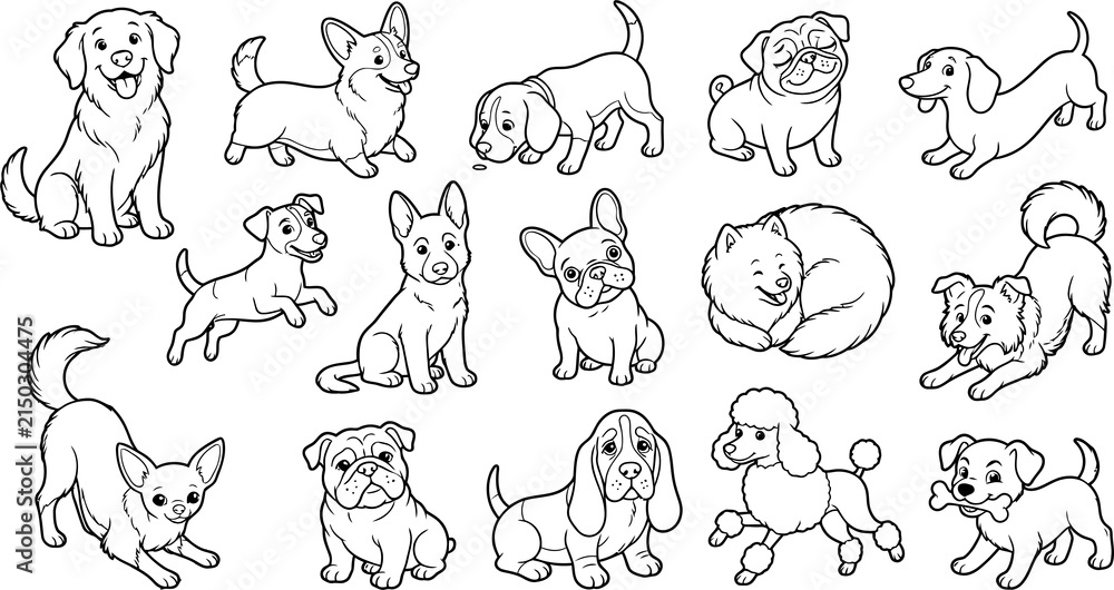 Obraz premium Collection of various dog breeds in different poses isolated on transparent background