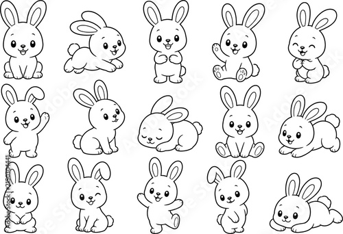 Collection of adorable bunny illustrations in various poses isolated on transparent background
