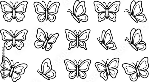 Collection of hand drawn butterfly illustrations in various poses isolated on transparent background