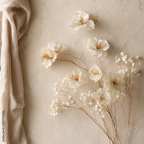 Delicate floral arrangement with neutral fabric drape