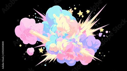 Vibrant pastel explosion of color with starbursts against a black background
