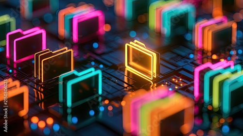 Glowing digital folders on a circuit board, data organization concept