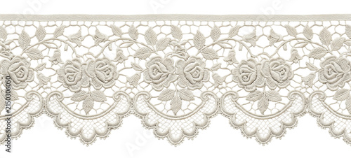 Quadro su tela Seamless floral embroidered lace border featuring detailed roses leaves and deli