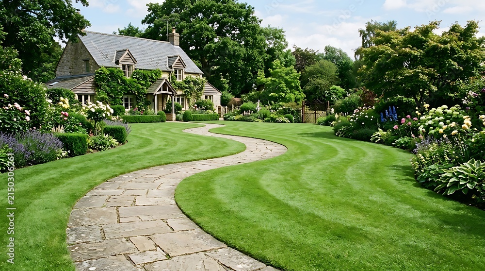 Fototapeta premium A winding stone pathway through a lush green garden towards house