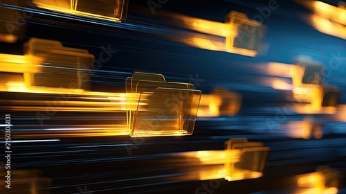 Digital data folders streaking across a dark, glowing, futuristic background