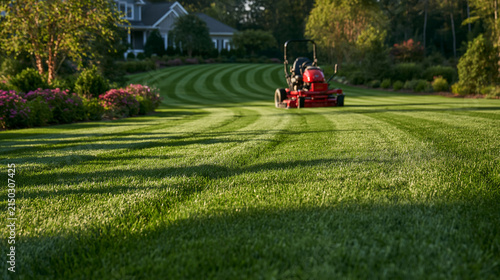 A red lawn tractor mows a lush green striped yard on a sunny day. Professional lawn care and landscape maintenance.
