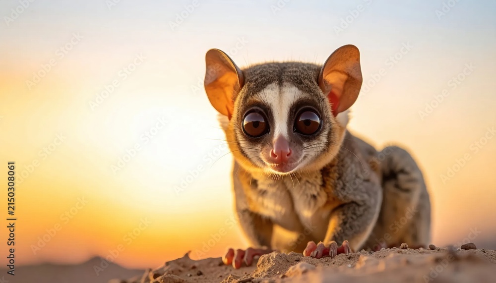 Naklejka premium Adorable Galago Primate with Large Eyes Sitting on a Rocky Ledge during Golden Hour Sunset with Ample Copy Space for Text