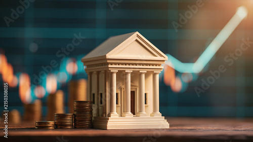 Bank building model with stacked coins against a rising stock market graph. Financial growth and banking concept for.