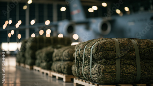 Military cargo pallets wait in a hangar for deployment. Concepts of logistics, global defense, and strategic aid.