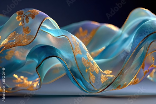 luxurious abstract composition of flowing turquoise silk ribbons adorned with shimmering golden botanical patterns, creating an elegant futuristic background with soft waves and luminous textures