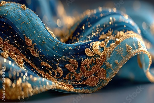 luxurious flowing blue silk ribbon adorned with intricate golden floral patterns and sparkling particles, creating an elegant abstract background with rich textures and sophisticated movement