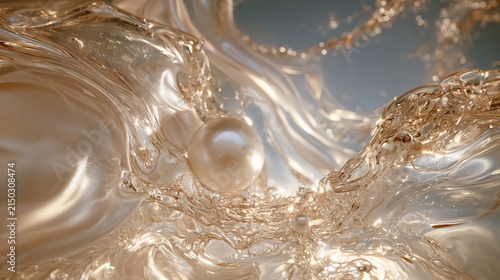luxurious abstract composition with luminous pearls suspended in flowing liquid glass, featuring champagne reflections, translucent textures and elegant splashes that create a sophisticated background