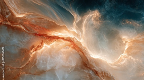 luminous abstract marble composition with swirling ivory and copper veins, ethereal light streams and translucent textures, creating a luxurious fluid background inspired by clouds and polished stone