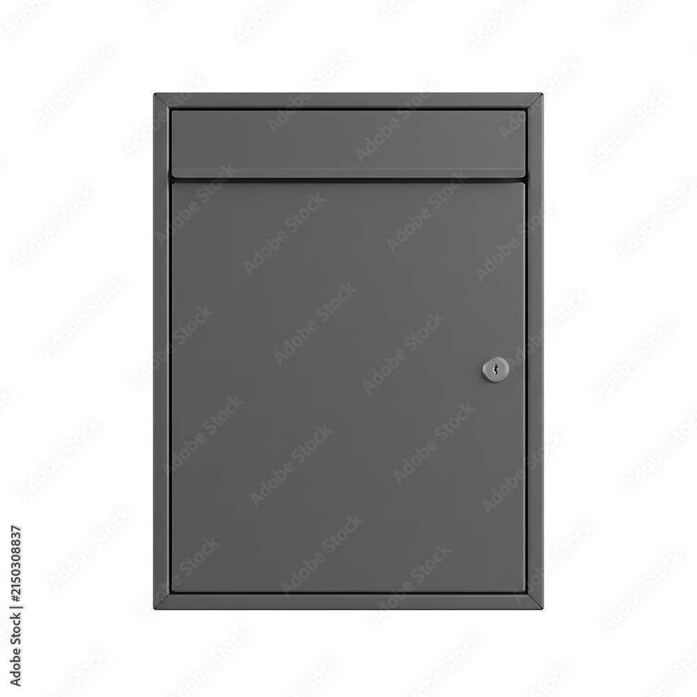 Fototapeta premium Modern dark grey metal mailbox with a secure key lock isolated on transparent background