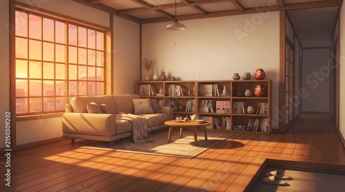 Sunlit Japanese style living room with wooden furniture and shoji screens