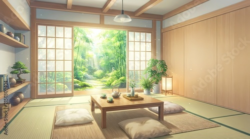 Traditional Japanese room with garden view through large windows