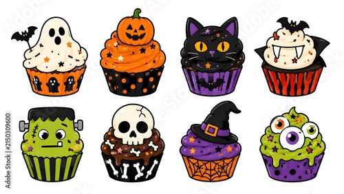 halloween dessert cupcake seamless pattern and icons set 