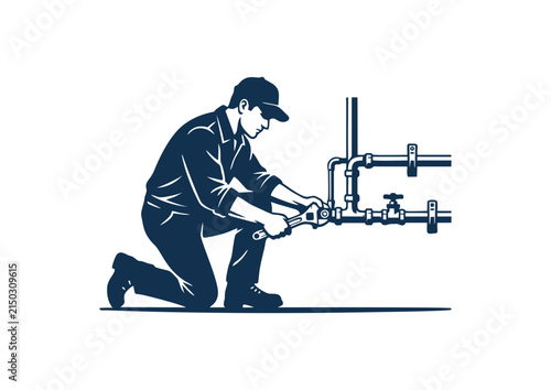 Skilled professional plumber wearing a cap and uniform, diligently working on pipe installation or intricate repair using a wrench, symbolizing essential maintenance and expert service