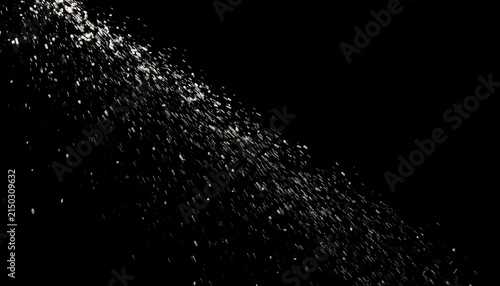 Abstract scattering of white particles against a black background, dynamic motion and light effects creating a sense of energy and movement