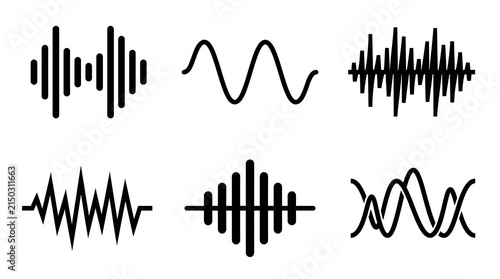 Set of black sound wave icons and audio signal symbols for digital music technology and voice recording media design