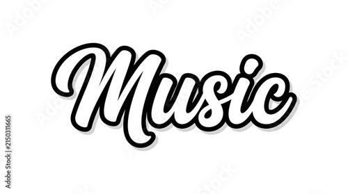 Music word written in a stylish bold black and white cursive script font for creative projects and media branding