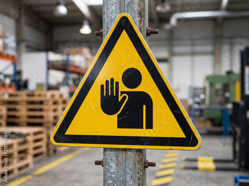 Yellow warning sign with hand stop symbol inside a large industrial warehouse factory environment