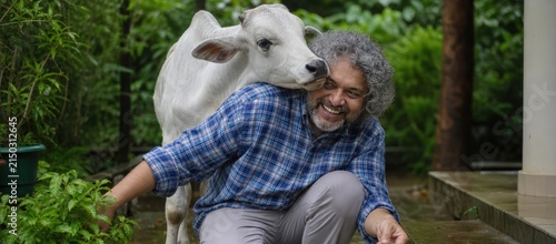 Happy senior Indian man bonding with a small white cow in a lush green garden setting while gardening
