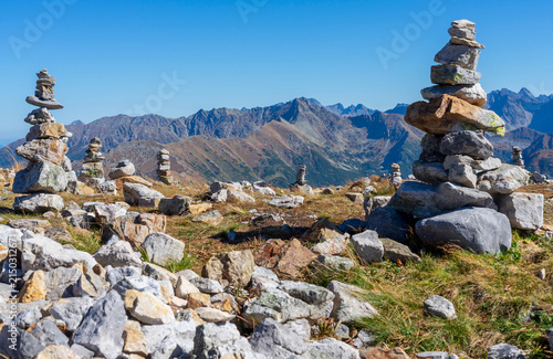 Western Tatras - Krzesanica peak - stone mounds, view of the autumn Tatra peaks