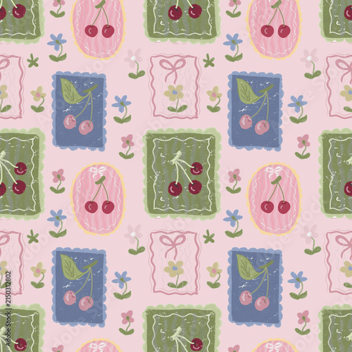 Photography Seamless background with pastel cherries in frames and tiny cottagecore wildflowers, soft aesthetic textile print