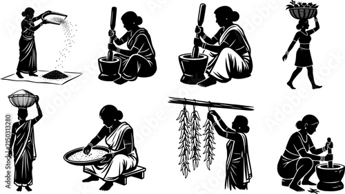 Vector silhouette set of traditional Indian women performing daily household chores like pounding grain, winnowing, and drying chilies.