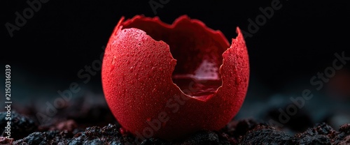 Macro shot of a cracked red eggshell with water droplets on a dark background.