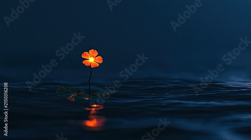 Glowing Orange Flower Illuminates Dark Water Surface.