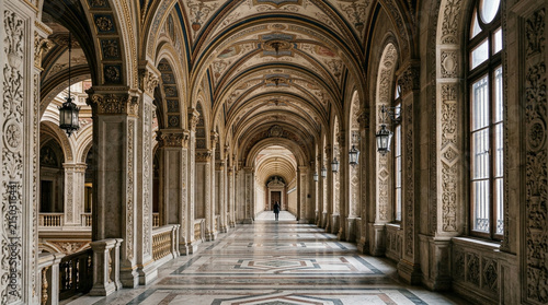 Grand Arched Hallway, Ornate Interior, Classical Architecture, Sunlight