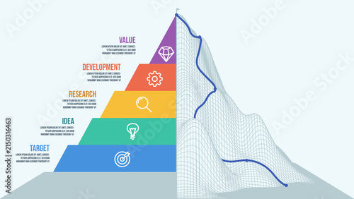 Business strategy success mountain peak achievement, financial progress steps chart with line graph reaching summit flag corporate goal roadmap wireframe infographic art