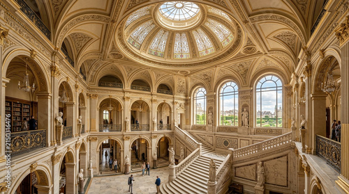 Grand Staircase, Palace Interior, Classical Architecture, Ornate Gold Decor, Natural Light