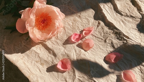 Delicate Pink Peony Flower Petals Scattered on Textured Surface.