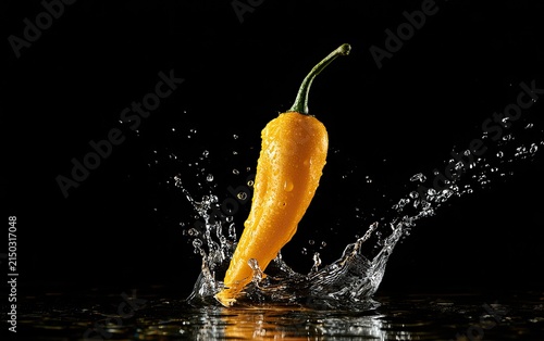 Vibrant Yellow Chili Pepper Splashing in Water Against Black Background.