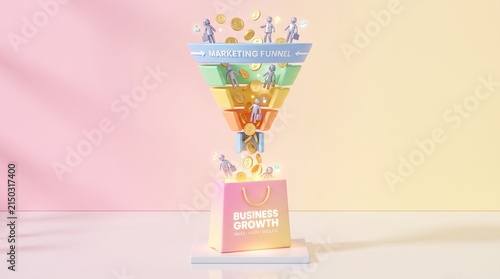 Visualizing the marketing funnel for business growth, showing lead conversion into sales and financial success through strategic optimization