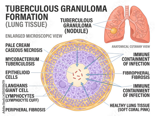 Tuberculous granuloma formation in lung tissue diagram isolated on white background