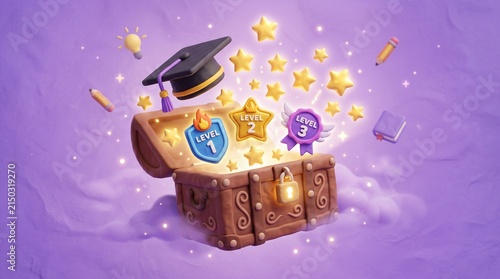 Magical treasure chest overflowing with glowing stars, graduation cap, and level badges, symbolizing the enriching journey of achievement and education leading to success and knowledge rewards