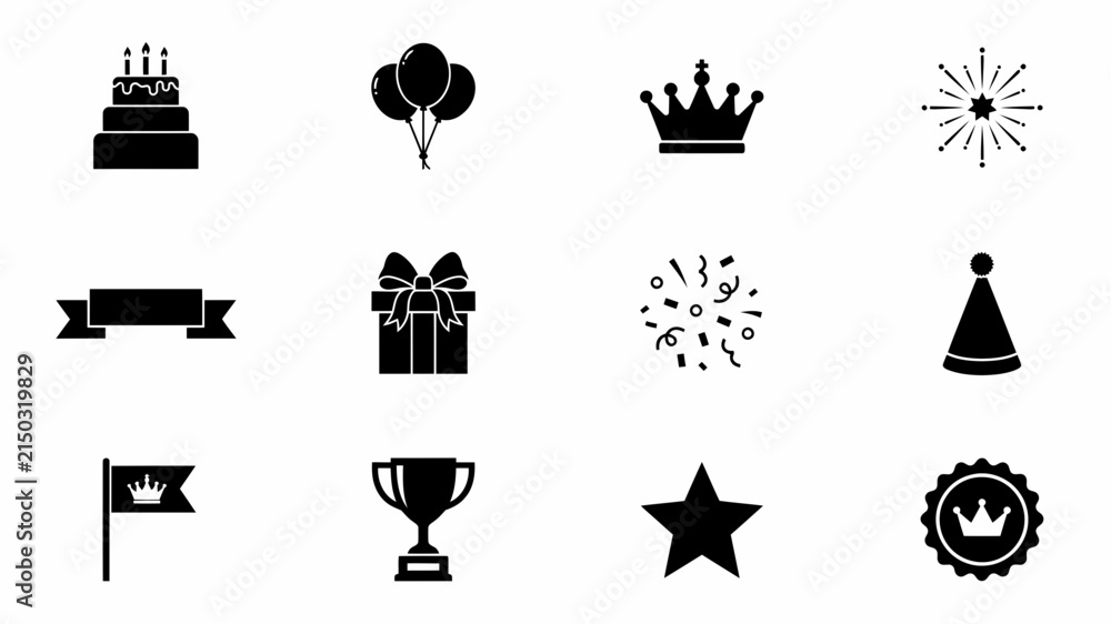 Naklejka premium Celebration icons set featuring party decorations and royal symbols in minimalist black design with decorative badge neutral background monochromatic collection twelve