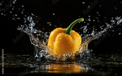 Yellow Bell Pepper Splashing into Water with Dynamic Droplets.