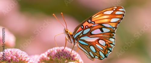 Close-up of a Gulf Fritillary butterfly perched on a pink flower in soft focus.